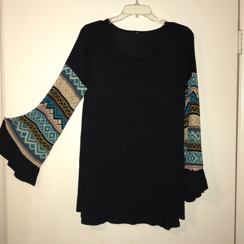 Black blouse with multicolored flared sleeves